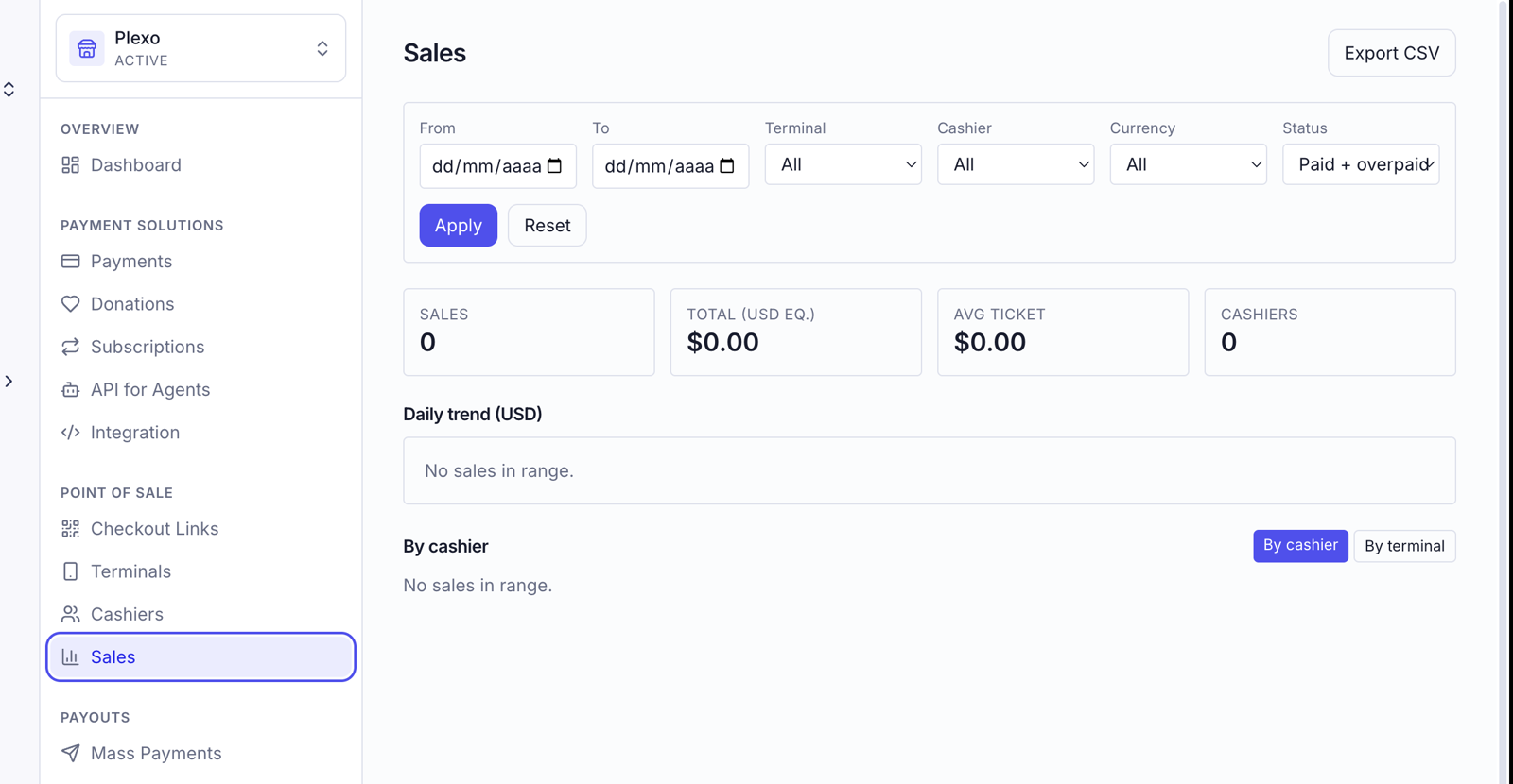 Payzum POS dashboard showing sales filtered by terminal, cashier and currency, with totals and per-cashier breakdown